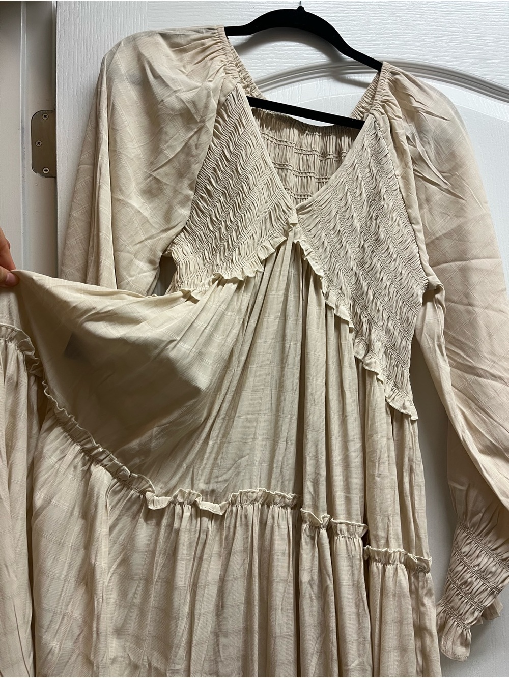 Smocked V-Neck Tiered Maxi Dress in Beige - Picture 2 of 5